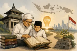 Di tengah derasnya arus zaman modern, pesantren dan tradisi kitab kuning tetap menyalakan cahaya ilmu, adab, dan akhlak sebagai fondasi kebangkitan moral serta intelektual bangsa Indonesia. (Karikatur dibuat oleh AI).